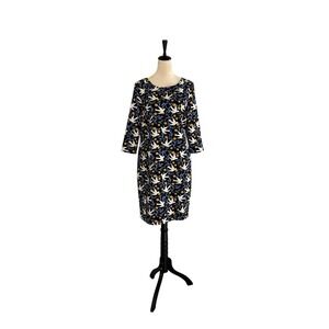Boden Alda Bird Print Navy Blue Relaxed Fit Shift Dress Size 8L 8 Tall